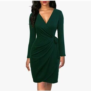 Dark Green Cotton Blend gorgeous wrap style belted dress
